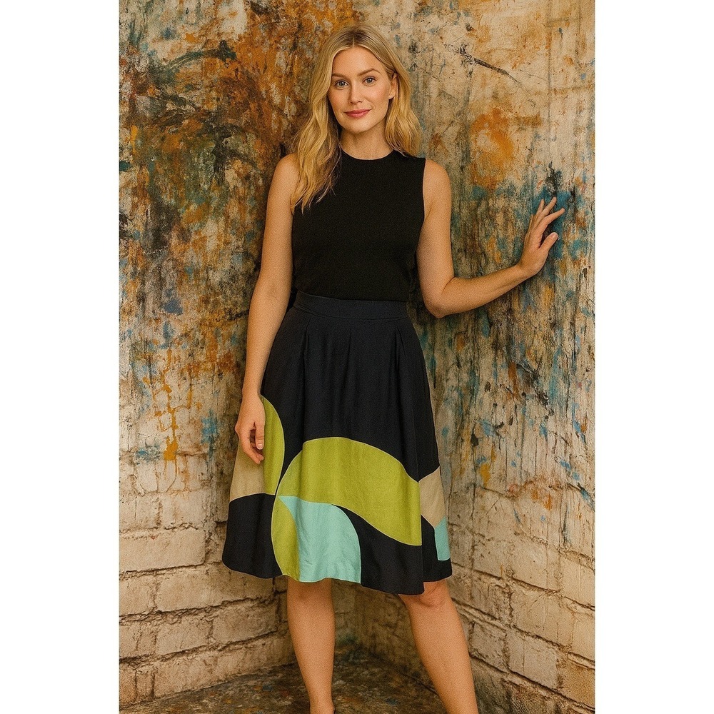 Nic + Zoe Skirt Womens 6 Silk Straight‎ Pencil Navy Turquoise Geometric Lined